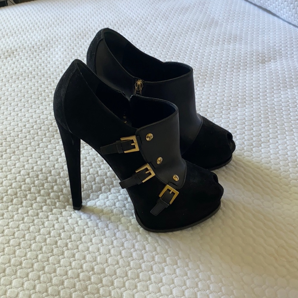 Louis Vuitton buckle booties with peep toe